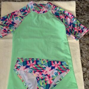 Cat & Jack Girl's Floral Heart 2 pc Long Sleeve Rash Guard Swimsuit 6/6x UPF 50+